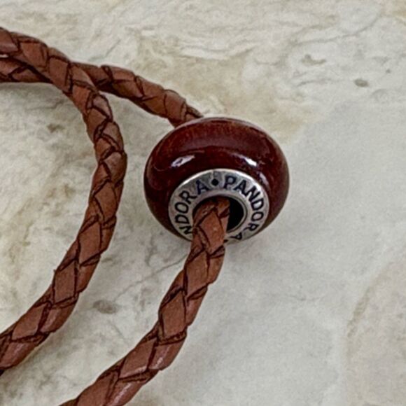 Pandora Leather Double Wrap Sterling Silver Barrel Clasp Bracelet & Pandora Bead - Picture 5 of 9